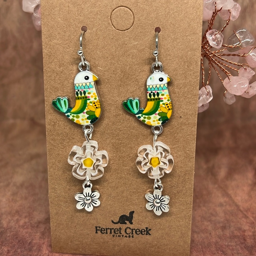 Handmade artisan glass enamel bird earrings silver green